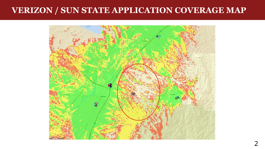 Verizon's application coverage map showing a red oval over Placitas with a white interior labeled as having no coverage