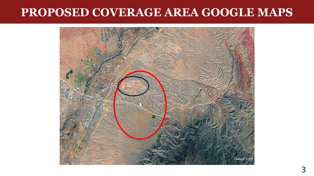 Same coverage map overlaid on Google Earth showing the boundaries of the proposed coverage area