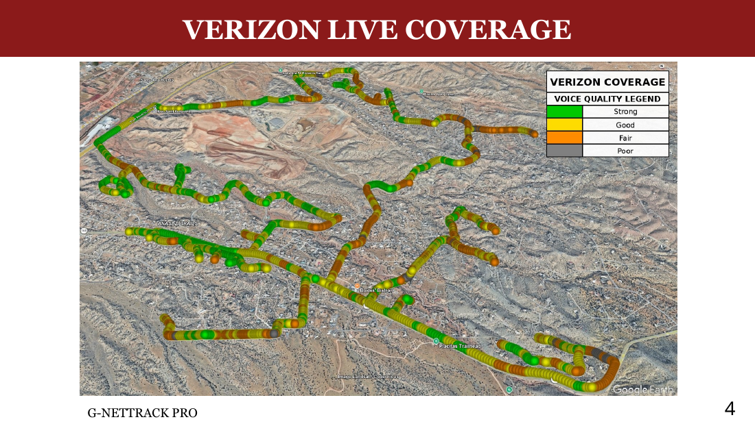 G-NetTrack Pro screenshot showing Verizon live signal measurements across the proposed coverage area