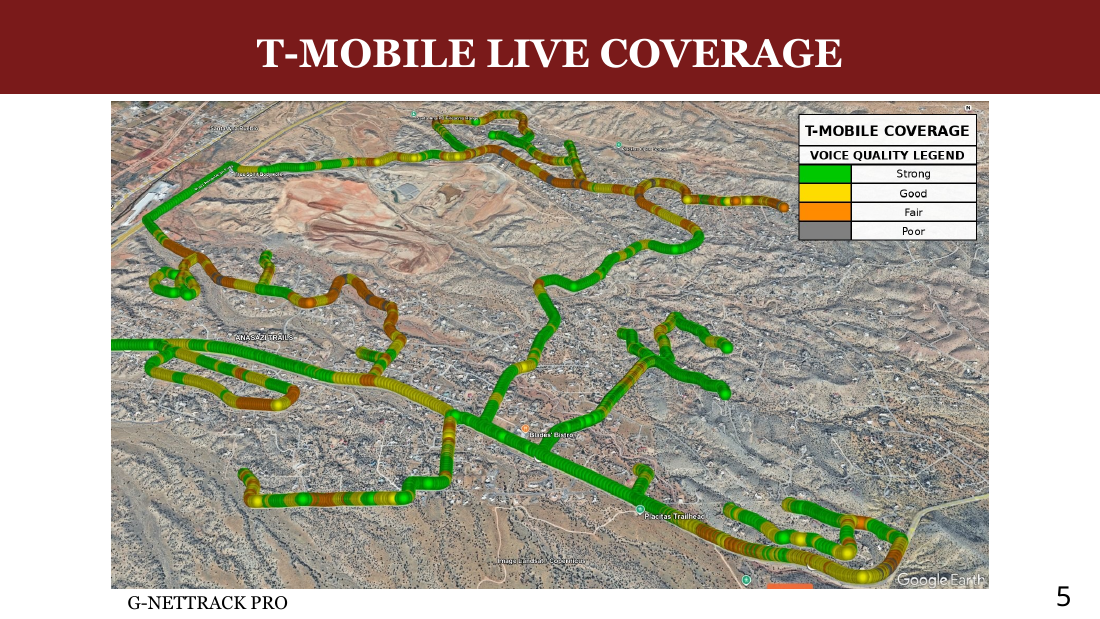 G-NetTrack Pro screenshot showing T-Mobile live signal measurements across the same area