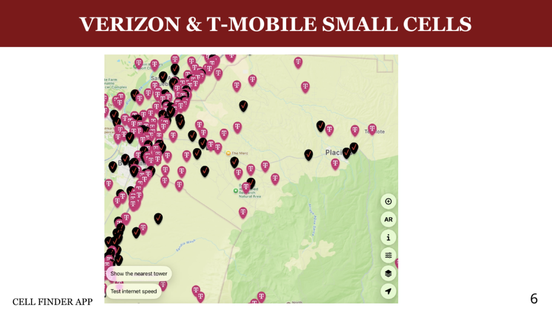 Cell Finder app map of Placitas showing dozens of T-Mobile and Verizon small-cell sites scattered across the area