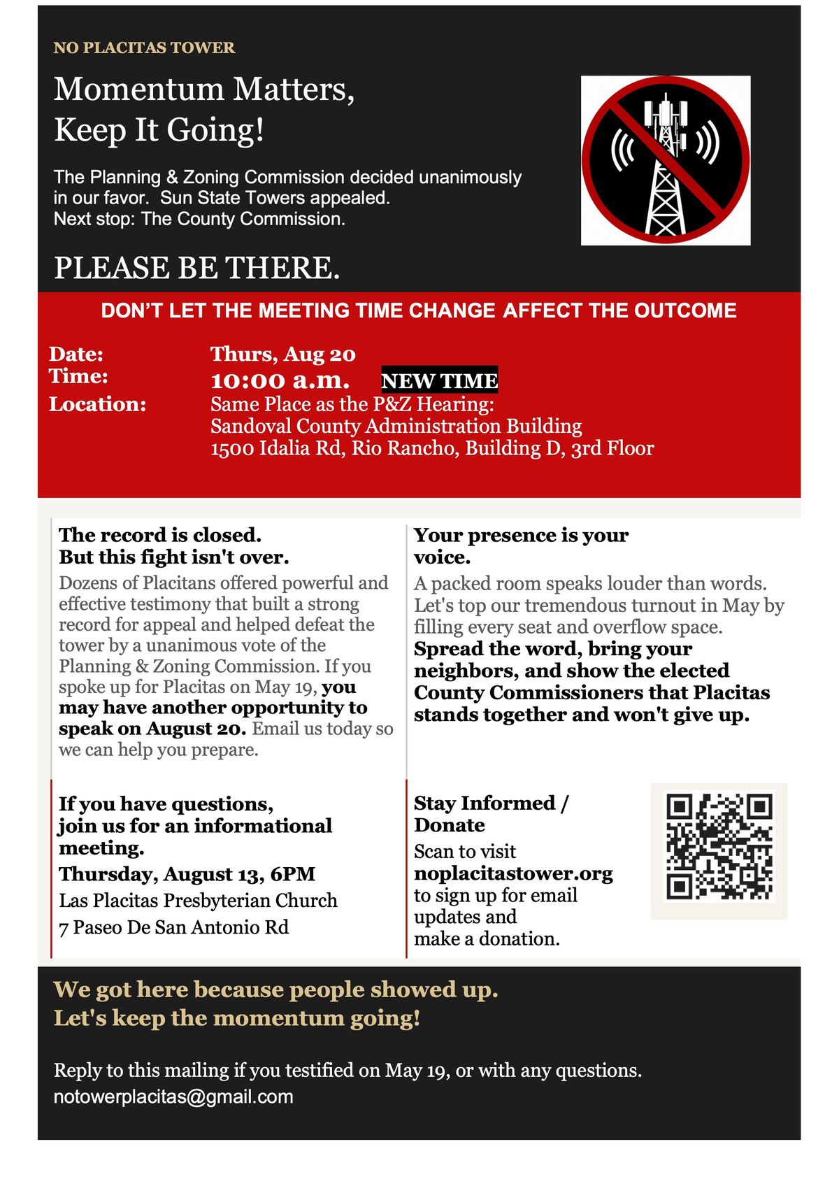 No Placitas Tower flyer: Momentum matters, keep it going. Planning and Zoning denied the tower unanimously; Sun State Towers appealed. Please be there. The details are written out below this image.